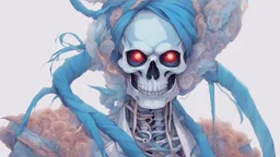 a close up of a person with a skull on their head, blue and white colors, anime skull portrait man, scary detailed art in color, hiroyuki-mitsume takahashi, nychos art aesthetic, half man half skeleton, anime cyberpunk art, colored manga art, rossdraws pastel vibrant, hot colors. insanely detailed, beautiful anime portrait, stunning anime face portrait, scary art in color