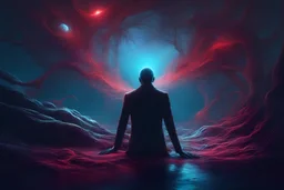 cosmic environment, man fallen from grace seeking redemption for his tainted soul, ((red glowy eyes)), biomechanical, eerie, creepy, nightmarish, very bright colors, light particles, bioluminescence, Mschiffer, wallpaper art, UHD wallpaper