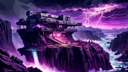 military outpost on top of a cliff with dangerous rapids below, nighttime scene storms, star wars style, cyberpunk style, purple