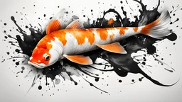 one koi fish in calligraphy style, splash effects, ink blobs, mostly black and white with some orange, top down view