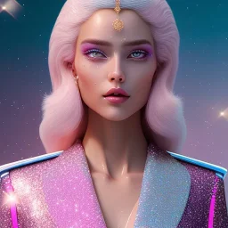 woman glitter pink in a galactic ambiance, smiling and laughting, long white hairs , blue eyes ,the whole body and head, delicate colors in the foreground, full of details, smooth, light effect，vaporwave colorful, smooth, extremely sharp detail, finely tuned detail, ultra high definition, 8 k, unreal engine 5, ultra sharp focus