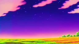 asian village with purple sky full of stars, sunflower field, anime, high res, makoto shinkai