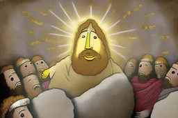 The Potato Nose God's son Jesus arrives home.Jesus arrived in heaven with two piles of skins, where the Potato Nose God was waiting with champagne.