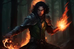 A dark-haired elf, wearing studded leather armor and a rapier strapped to his side, with an open flame dancing in his hand. The background is a dark and forbidding forest.