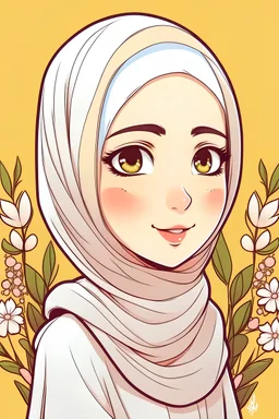 Artline, clean outline, cute cartoon style, hijab girl with no hair wearing crown flower