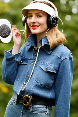 Young woman, no make-up. Old-fashioned things like CD's, microphone integrated to mask! Wool visor to tippet, AKG headphones, golden rings. materials are denim, leather and felt cloth mixed. Fashion 1990's. Venue: Farm Recycled plastic, stuff, nature, Chicken and cockatoo, Natural Light. Possible colors: Cream white, zinc plate, plum/blue camouflage, red ochre, ochre. Thick tights. Thick calves. wide hip