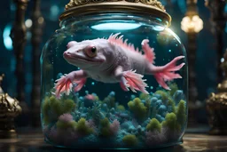 Axolotl-human-cyborg hybrid woman swims in the ornate glass jar,ultra detailed, ultra realistic, intricate, photorealistic, 8K, sharp focus, epic composition, masterpiece,DSLR camera Sony Alpha 7 50mm 1.8,medium shot,high-resolution image with fine details,accurate lighting