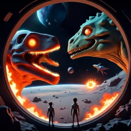 two sad characters gazing out of a spaceship window at a cratered burning close up 3d planet. On the left an thin alien with very pointy shape head and with x-shaped mouth, and on the right a bigg stronger dinosaur-like creature with big head sharp teeth. The background displays a dark space scattered with distant stars and three small explosions occurring on the planet's surface, adding a dramatic sense of action to the scene. realistic, detailed, cinematic, sci-fi