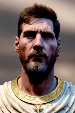 Realistic image, Roman sculpture made in white marble with gold veins, Lionel messi with gold halo crown, two blue brushes, decorative star on the chest, waist up portrait, marble material, gold ornaments, Baroque style, sun rays background, epic, celestial, cinematic lighting, God lights, 4k resolution, smooth details, soft lighting, unreal engine 5, art station, substance 3d.