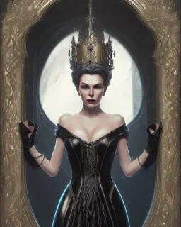 old evil queen in black leather gown, femme fatale, volouptous, busty, cleavage, angry, emperious, 8k resolution concept art portrait by Greg Rutkowski,