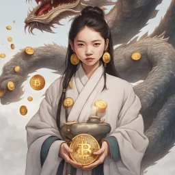 Bitcoin cryptocurrency in the hands of a traditional chinese girl, dragon