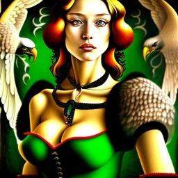 portrait of a beautiful busty Rogue with green eyes riding a great eagle by Sandro Botticelli style