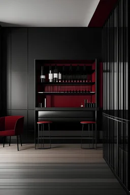 minimal interior design, with wine display and red and black interior,