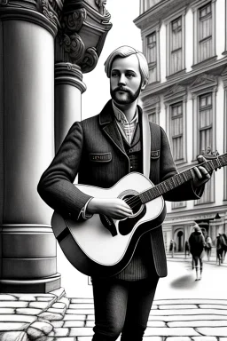 One single mature light labrador, historic clothes, playing guitar in the street , Vienna, friendly, model style, hyper realistic, extremely accurate, delicate, extremely detailed, Graphic novel style, wide-angle, open aperture, superfine pencil