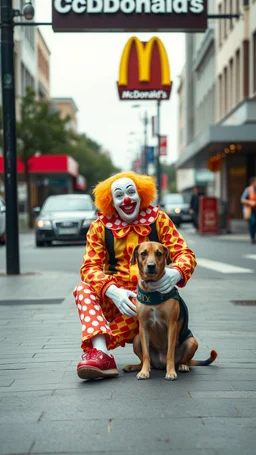 A McDonald’s clown sitting with his dog in the street