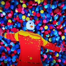 red, yellow, blue, primary colors, funny, goofy, abstract blob, circus, party, glitter, bokeh blur, guassian blur, tilt-shift, photograph, HD, 8k, hyper realistic, blender, 3d model, rendering, clown, bright lights, zoom in, portrait