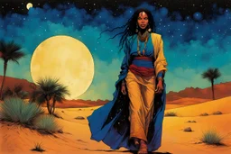 create an imaginative full body illustration of a Tuareg female, in traditional dress, with finely detailed facial features, short dreadlock hair, in a lush Saharan oasis under the midnight sky, in the comic book art style of Bill Sienkiewicz, Mike Mignola, and Jean Giraud Moebius, finely textured, drawn, colored, and inked