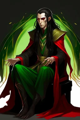 half-elf, half-human with long ears, head lowered, dark hair hanging in separate strands covering the face, only emerald-light eyes are visible, black robe and red lines from the shoulders, going closer to the neck and going down, dividing the black and red shirt, golden ones are visible lines the whole body sits on a chair with one hand holding a spear holding a spear slightly transparent black female hands on the sides stand in human height shadows like guards