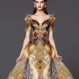 stunning extrem opulent haute couture gown designed by Marchesa inspired by fairies, realistic epic elegant fantasy color mix of black and gold and dark red,decorated with precious stones, detailed, high quality, intricate, fantasyland background,