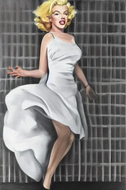 Painting, photorealistic, Marilyn Monroe, front view medium shot ankle-length white dress, white high-heeled shoes standing over a subway grating, dress billowing up, arms holding the dress down, style of The Seven Year Itch