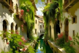 A Venice like city with flowered vines painted by John Singer Sargent