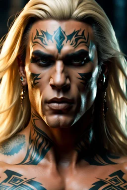 Jason David Frank as muscular alpha male with Long blonde hair and tribal tattoos and piercings realistic face, close-up, modern fantasy, intricate details, hyper detailed. 4K. Ultra Realistic