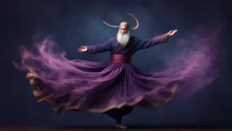 Hyper Realistic Sufi Whirling with Purple & Maroon, Islamic Sufi Rustic Grungy navy-blue Background at night with black fog & mini feathers...