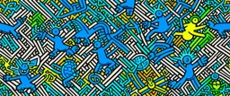 A blue resort on a splashing island painted by Keith Haring