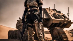 beautiful sexy caucasian female soldier, black metal body and limbs, visible cybernetic limbs, scratched sand camo, no armor, short brunette wavy bob haircut, dystopian, desert scene