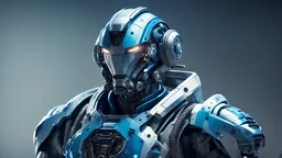 androide umanoide con volto umano e parti meccaniche che si intravedono in divisa militare da ufficiale blu space suite armour
