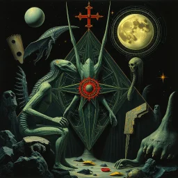 Gnostic embalming geometric injustice, by H.R. Giger and Arthur Secunda and Desmond Morris, neon, surrealism, abstract genetic manipulation, quirky, with a Hieronymus Bosch Bogomil universe