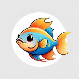 2D vector graphic of cute baby happy fish, primary color, for kid, white background, black round