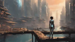 woman in a silver catsuit looking at a view of buildings made of reused dirty rusty metal next to a futuristic canal junction, cyberpunk, many painted colours, flying boats, balconies, bridges, people, shopping, eating, walking, fifth element, ghost in the shell, altered carbon, Ian McQue a masterpiece, 8k resolution, dark fantasy concept art, by Greg Rutkowski, dynamic lighting, hyperdetailed, intricately detailed, Splash screen art, trending on Artstation, deep color, Unreal Engine, volumetric