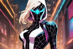 Spidergwen with RGB cyber mask in 8k solo leveling shadow artstyle, Crystal and Symbiote them, neon effect , magic circle, close picture, full body, apocalypse, intricate details, highly detailed, high details, detailed portrait, masterpiece,ultra detailed, ultra quality