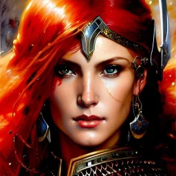 portrait beautiful face Red Sonja medieval metal armor balanciaga fashion clothe painting by gaston bussiere, greg rutkowski, yoji shinkawa, yoshitaka amano, tsutomu nihei, donato giancola, tim hildebrandt, oil on canvas, cinematic composition, extreme detail