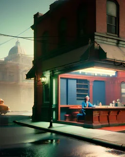 Scene, realistic photo, Edward Hopper style, retro futuristic, concept art, smooth, unreal engine 5, god lights, ray tracing, RTX, lumen lighting, ultra detail, volumetric lighting, 3d.