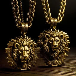 A pair of gold chains, one with a lion pendant and the other with a porcupine pendant, hang from a wooden cross, symbolizing the struggle and sacrifice of the antiworld gangsters.