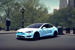 A Tesla 'Model Y' is parked, in 'Central Park' in New York City. (CINEMATIC, WIDE ANGLE LENS, PHOTO REAL)