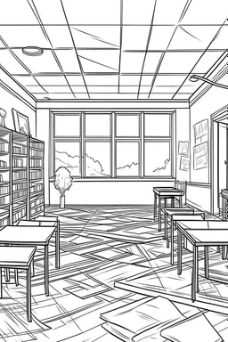 Outline art, class room interior design, no shading, no lines, cartoon style, --ar 9:11