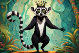 surreal, vibrant digital artwork featuring king Julien the lemur dancing with his tail held up high, with intricate abstract patterns and motifs swirling around them. striking facial features, wearing a crown made of skulls. dancing to "you gota to move it" in Disney style Madagascar