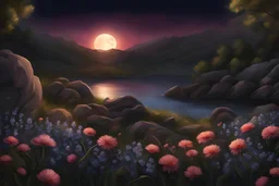 Night, rocks, mountains, flowers, realistic painting, 8K