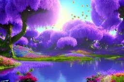 monde en fleurs, blue lake, flower tree-houses, concept art, crépuscule , fuksia bleu oranger, vibrant Color, réaliste, riviere bleu, tree-house wisteria, roses