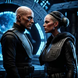 a bold and heroic bald male Corellian pilot in black and metallic grey First Order special forces gear meets a female Jedi Master in ancient, mystical temple, hyperdetailed, dynamic lighting, hyperdetailed background, 8k resolution, volumetric lighting, light skin, fully symmetric details