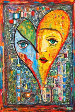 love is like drug; a painting with an admixture of Paul Klee and Hundertwasser