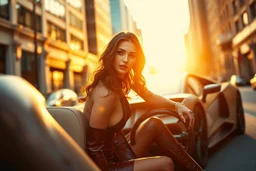 Create an ultra-realistic cinematic 8K fullbody of lady mode skin texture, add makeup,pretty boots,curvy long hair. Style: fashion editorial, confident is driving a Lamborghini SC20 in streets of a modern city. Lighting: warm golden hour sunlight, soft rim light. Camera look,camera capture full Lamborghini SC20: shallow depth of field, film grain, cinematic color grade.