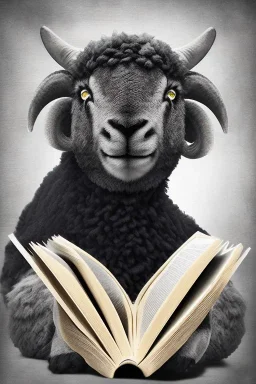 one black sheep reads a book, white sheep herd sleep