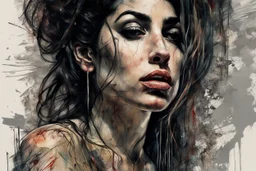 amy winehouse Stunning art masterpiece Basic style of horror, Overhead, hyper detailed, multi-layered illustration, in a highly detailed elegant unbuttoned dress, dynamic seductive pose, accentuating perfect anatomy, impressive concept by Carne Griffiths and Wadim Kashin, dynamic, highly detailed, symmetry, airbrush graffiti technique, high definition illustrations, soft and sharp focus, accent lighting, bold paint colors, symmetry, painted, intricate, volumetric lighting, beautiful masterpiece