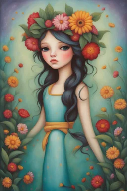 Painting of a Girl with Flowers on Her Head, Garden, by Jeremiah Ketner