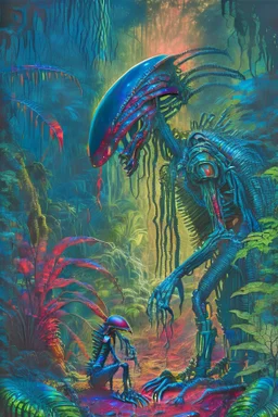 an extremely realistic highly-detailed image of a Xenomorph alien in the style of H R Giger meeting a native human shaman in the jungle, red sunset, dark blue to green colours, metallic, thick jungle in the background, plants, leaves, tiny mushrooms on the ground, mud, long-distance shot