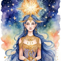 Aquarian goddess under twinkling stars, watercolor painting, blessing, highly detailed